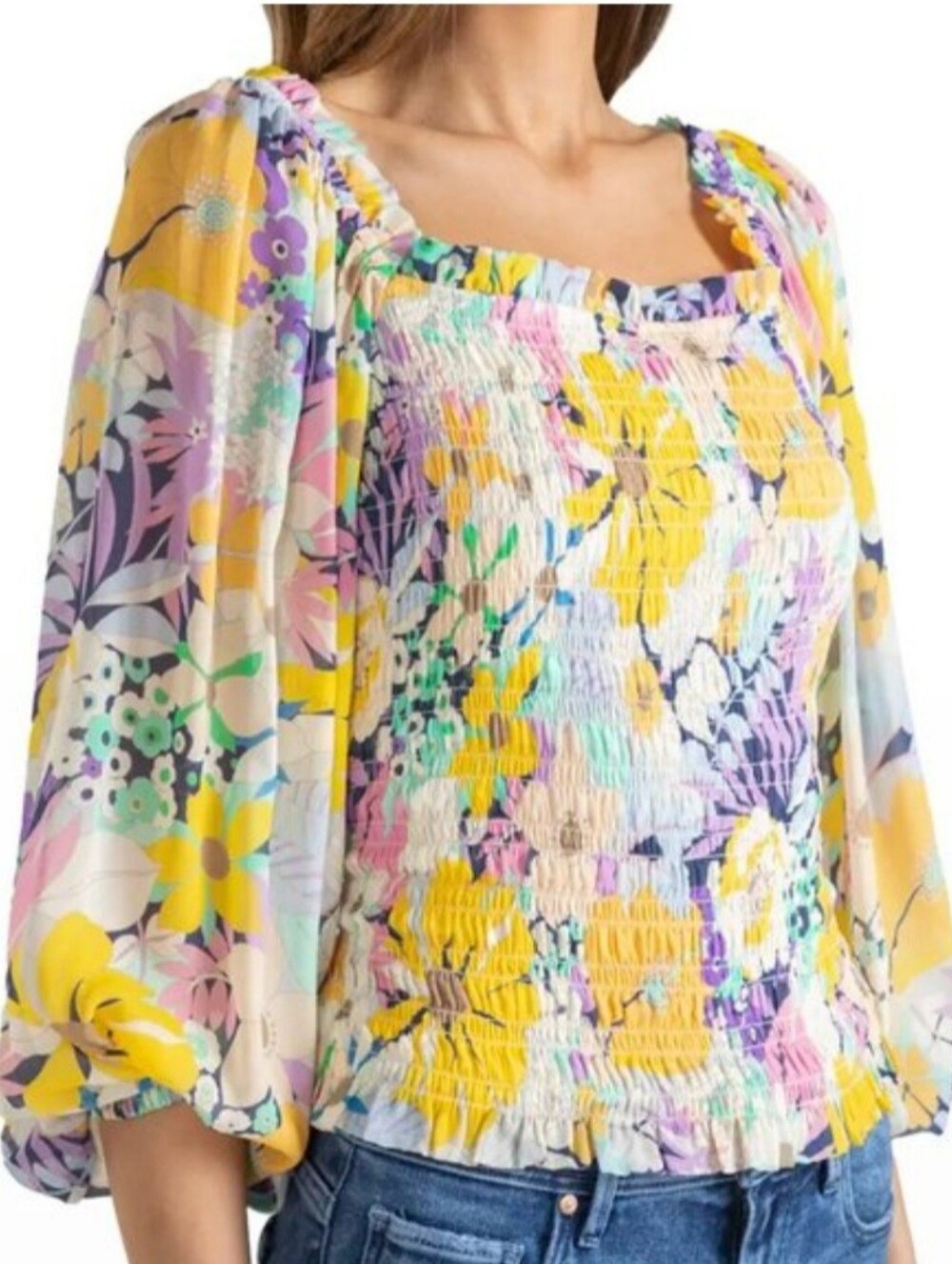 Shoshanna Cece Smocked Floral Square-Neck Blouse W/Balloon Sleeves Size X-Small